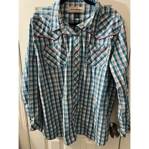 Bit‎ & Bridle Shirt Plus Size 2X Check Pearl Snaps Buttons Long Sleeve Western